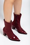 Kadın Bordo Streç Rugan Bilekli Orta Boy Topuklu Bot 