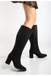 Kadın Siyah Süet Fermuarlı Sivri Burun Topuklu Uzun Çizme 