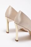Kadın Bej Saten Gold Ökçe Sivri Burun İnce Topuklu Stiletto  