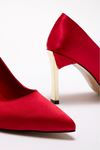 Kadın Kırmızı Saten Gold Ökçe Sivri Burun İnce Topuklu Stiletto