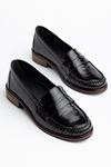 Kadın Siyah Rugan Klasik Hakiki Deri Loafer Ayakkabı  