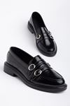 Kadın Siyah Rugan 3 Tokalı Loafer Ayakkabı  