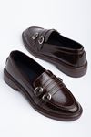 Kadın Acı Kahve Rugan 3 Tokalı Loafer Ayakkabı   